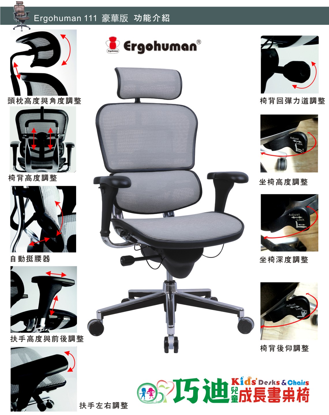 Ergohuman111人體工學椅|電腦網椅-豪華版功能介紹
