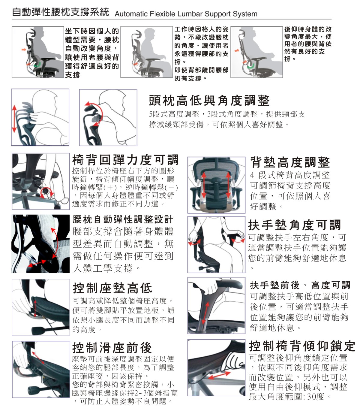 Ergohuman111人體工學椅|電腦網椅|單桿版-各項功能介紹說明圖