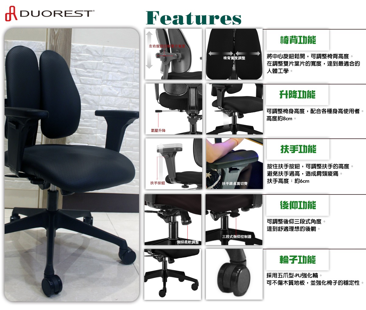 DUOREST-DR 250G雙背椅椅背、升降、扶手、後仰、輪子功能